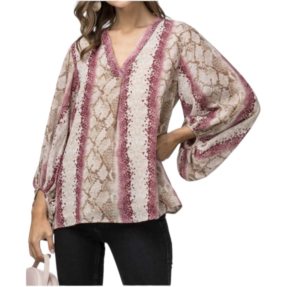 Entro Women's Small Reptile‎ Snake Long Sleeve Chiffon Blouse Top V Neck